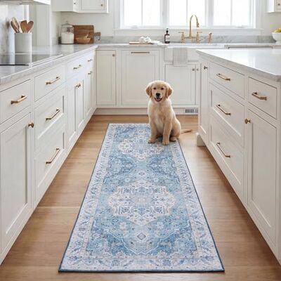 Safavieh Traditionell Teppich für Rug Ideal für stark frequentierte Bereiche Maschinenwaschbar und rutschfest Tucson Collection, Kurzer Flor, in Hellblau und Blau, 67 X 183 cm Safavieh Traditionell Teppich für Rug Ideal für stark frequentierte Bereiche Maschinenwaschbar und rutschfest Tucson Collection, Kurzer Flor, in Hellblau und Blau, 67 X 183 cm