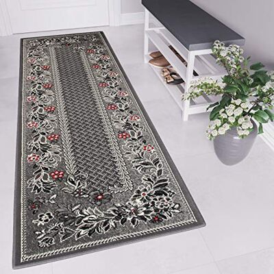 TAPISO Dream Läufer Flur Teppich Kurzflor Retro Brücke Grau Rot Karo Floral Blumen Abstrakt Muster Wohnzimmer ÖKOTEX 120 x 500 cm TAPISO Dream Läufer Flur Teppich Kurzflor Retro Brücke Grau Rot Karo Floral Blumen Abstrakt Muster Wohnzimmer ÖKOTEX 120 x 500 cm