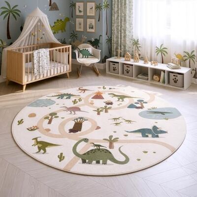 SIMPEX Kinderteppich Dinosaurier Spielteppich rund 160 cm für Kinderzimmer in Creme Dino Motiv ideal als Spielunterlage SIMPEX Kinderteppich Dinosaurier Spielteppich rund 160 cm für Kinderzimmer in Creme Dino Motiv ideal als Spielunterlage