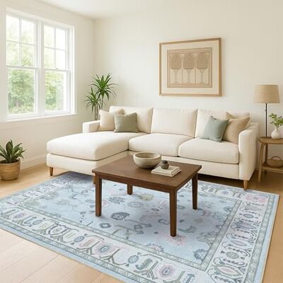 Fame Living Cremeblauer Oushak-Teppich, modern, Vintage, türkisch, eklektisch, floral, Pastellfarben, waschbar, große Flächenteppiche für Wohnzimmer, Esszimmer, Schlafzimmer, Mädchen, Jungen, 200 x Fame Living Cremeblauer Oushak-Teppich, modern, Vintage, türkisch, eklektisch, floral, Pastellfarben, waschbar, große Flächenteppiche für Wohnzimmer, Esszimmer, Schlafzimmer, Mädchen, Jungen, 200 x