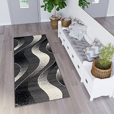 TAPISO Dream Teppich Läufer Flur Brücke Modern Streifen Wellen Streifen Muster in Dunkelgrau Creme Schwarz Korridor Wohnzimmer ÖKOTEX 80 x 180 cm TAPISO Dream Teppich Läufer Flur Brücke Modern Streifen Wellen Streifen Muster in Dunkelgrau Creme Schwarz Korridor Wohnzimmer ÖKOTEX 80 x 180 cm