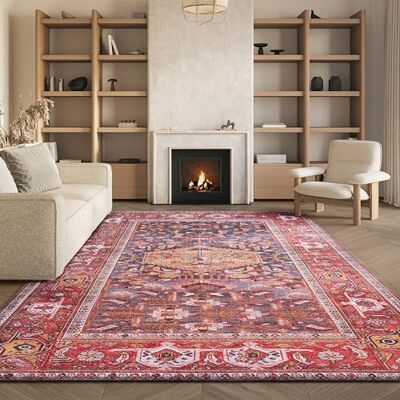 Safavieh Traditionell Teppich für Rug Ideal für stark frequentierte Bereiche Maschinenwaschbar und rutschfest Tucson Collection, Kurzer Flor, in Rot und Marine Blau, 244 x 205 cm Safavieh Traditionell Teppich für Rug Ideal für stark frequentierte Bereiche Maschinenwaschbar und rutschfest Tucson Collection, Kurzer Flor, in Rot und Marine Blau, 244 x 205 cm