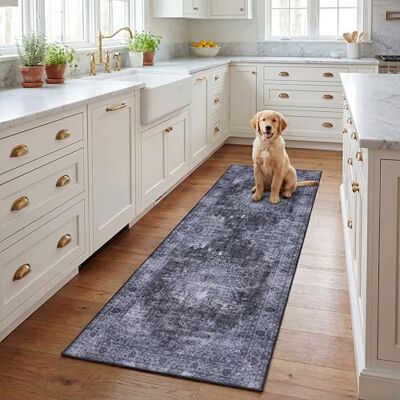 Safavieh Traditionell Teppich für Rug Ideal für stark frequentierte Bereiche Maschinenwaschbar und rutschfest Tucson Collection, Kurzer Flor, in Schwarz Und Silber, 76 X 244 cm Safavieh Traditionell Teppich für Rug Ideal für stark frequentierte Bereiche Maschinenwaschbar und rutschfest Tucson Collection, Kurzer Flor, in Schwarz Und Silber, 76 X 244 cm