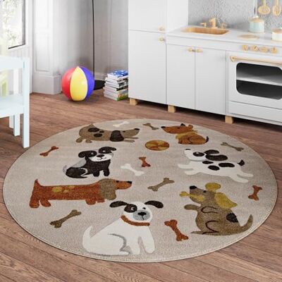 Smart Kids Rocky & Friends Kinderteppich, 120 cm rund, Sand beige meliert gewebter Kinderteppich, Spannende Abenteuer mit fröhlichen Hunde Motiven Smart Kids Rocky & Friends Kinderteppich, 120 cm rund, Sand beige meliert gewebter Kinderteppich, Spannende Abenteuer mit fröhlichen Hunde Motiven