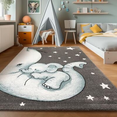 SIMPEX Kinderteppich Niedlicher Elefant Blau 140x200 cm Großer Teppich fürs Kinderzimmer Kuschelig & Kindgerechtes Design SIMPEX Kinderteppich Niedlicher Elefant Blau 140x200 cm Großer Teppich fürs Kinderzimmer Kuschelig & Kindgerechtes Design