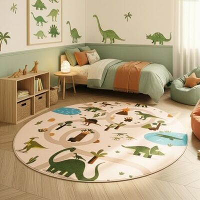 SIMPEX Kinderteppich Dinosaurier Spielteppich rund 120 cm für Kinderzimmer in Beige Dino Motiv ideal für kleine Spielecken SIMPEX Kinderteppich Dinosaurier Spielteppich rund 120 cm für Kinderzimmer in Beige Dino Motiv ideal für kleine Spielecken