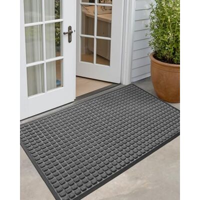 DEXI Große Fußmatte für drinnen und draußen, strapazierfähig, rutschfest, flaches Profil, leicht zu reinigen, 90 x 150 cm, Quadrate, Grau DEXI Große Fußmatte für drinnen und draußen, strapazierfähig, rutschfest, flaches Profil, leicht zu reinigen, 90 x 150 cm, Quadrate, Grau