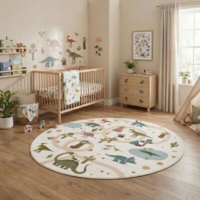 Carpetsale24 Kinderteppich Dinosaurier Spielteppich rund 120 cm für Kinderzimmer in Creme Dino Motiv ideal für kleine Spielecken Carpetsale24 Kinderteppich Dinosaurier Spielteppich rund 120 cm für Kinderzimmer in Creme Dino Motiv ideal für kleine Spielecken