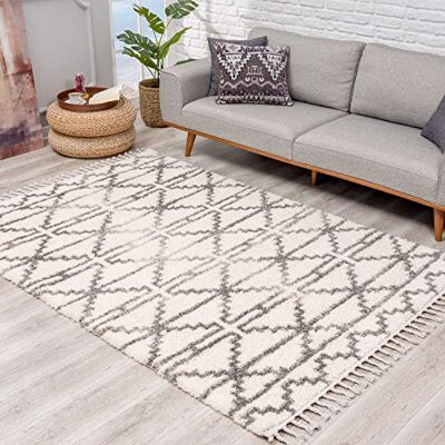 carpet city Teppich Hochflor Wohnzimmer Ethno Skandi Stil 80x200 cm Creme Teppich-Läufer mit Fransen carpet city Teppich Hochflor Wohnzimmer Ethno Skandi Stil 80x200 cm Creme Teppich-Läufer mit Fransen