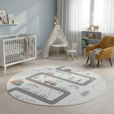 SIMPEX Kinderteppich Straße Spielteppich rund 160 cm für Kinderzimmer in Creme mit Fahrzeug und Natur Motiv ideal als Spielunterlage SIMPEX Kinderteppich Straße Spielteppich rund 160 cm für Kinderzimmer in Creme mit Fahrzeug und Natur Motiv ideal als Spielunterlage