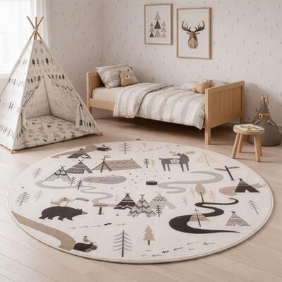 SIMPEX Kinderteppich Wald Tiere Spielteppich rund 160 cm für Kinderzimmer in Creme mit Natur Motiv ideal als Spielunterlage SIMPEX Kinderteppich Wald Tiere Spielteppich rund 160 cm für Kinderzimmer in Creme mit Natur Motiv ideal als Spielunterlage