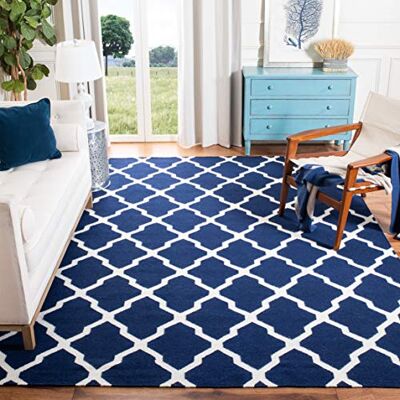 Safavieh Zeitgenössische Teppich für Wohnzimmer, Esszimmer, Schlafzimmer Dhurrie Collection, Kurzer Flor, Marine und Elfenbein, 91 X 152 cm Safavieh Zeitgenössische Teppich für Wohnzimmer, Esszimmer, Schlafzimmer Dhurrie Collection, Kurzer Flor, Marine und Elfenbein, 91 X 152 cm