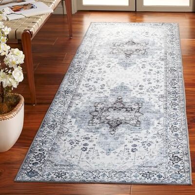 Safavieh Traditionell Teppich für Rug Ideal für stark frequentierte Bereiche Maschinenwaschbar und rutschfest Arizona Collection, Kurzer Flor, in Elfenbein und Blau, 80 X 180 cm Safavieh Traditionell Teppich für Rug Ideal für stark frequentierte Bereiche Maschinenwaschbar und rutschfest Arizona Collection, Kurzer Flor, in Elfenbein und Blau, 80 X 180 cm