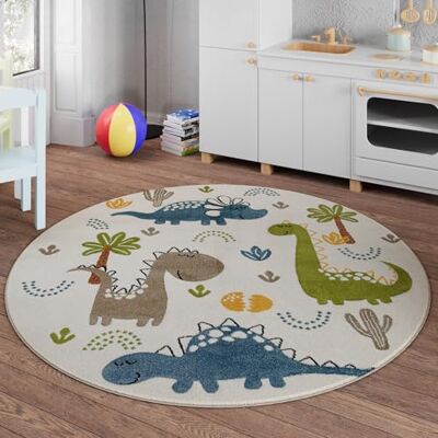 Smart Kids Dino & Friends Kinderteppich, 120 cm rund, Creme weiß gewebter Kinderteppich, Spannende Abenteuer mit niedlichen Dinosaurier-Motiven Smart Kids Dino & Friends Kinderteppich, 120 cm rund, Creme weiß gewebter Kinderteppich, Spannende Abenteuer mit niedlichen Dinosaurier-Motiven