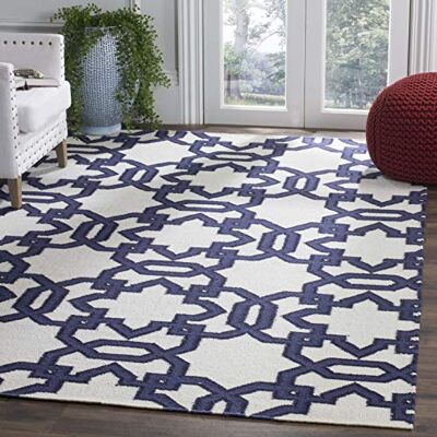 Safavieh Zeitgenössische Teppich für Wohnzimmer, Esszimmer, Schlafzimmer Dhurrie Collection, Kurzer Flor, Elfenbein und Lila, 152 X 244 cm Safavieh Zeitgenössische Teppich für Wohnzimmer, Esszimmer, Schlafzimmer Dhurrie Collection, Kurzer Flor, Elfenbein und Lila, 152 X 244 cm