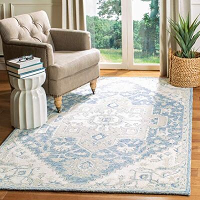 Safavieh Traditionell Teppich für Wohnzimmer, Esszimmer, Schlafzimmer Micro-Loop Collection, Kurzer Flor, Blau und Elfenbein, 160 x 230 cm Safavieh Traditionell Teppich für Wohnzimmer, Esszimmer, Schlafzimmer Micro-Loop Collection, Kurzer Flor, Blau und Elfenbein, 160 x 230 cm