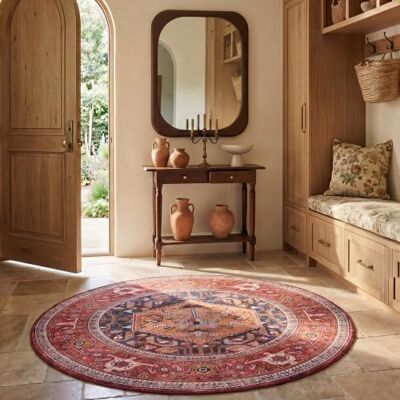 Safavieh Traditionell Teppich für Rug Ideal für stark frequentierte Bereiche Maschinenwaschbar und rutschfest Tucson Collection, Kurzer Flor, in Rot und Marine Blau, 183 X 183 cm Safavieh Traditionell Teppich für Rug Ideal für stark frequentierte Bereiche Maschinenwaschbar und rutschfest Tucson Collection, Kurzer Flor, in Rot und Marine Blau, 183 X 183 cm
