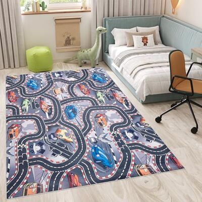 TAPISO Flannel Teppich rutschfest Grau Blau Bunt Waschbar Kurzflor Straßenteppich Autorennen Kinderteppich Kinderzimmer Spielmatte ÖKOTEX 160 x 230 cm TAPISO Flannel Teppich rutschfest Grau Blau Bunt Waschbar Kurzflor Straßenteppich Autorennen Kinderteppich Kinderzimmer Spielmatte ÖKOTEX 160 x 230 cm
