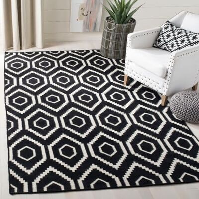 Safavieh Zeitgenössische Teppich für Wohnzimmer, Esszimmer, Schlafzimmer Dhurrie Collection, Kurzer Flor, Schwarz und Elfenbein, 122 X 183 cm Safavieh Zeitgenössische Teppich für Wohnzimmer, Esszimmer, Schlafzimmer Dhurrie Collection, Kurzer Flor, Schwarz und Elfenbein, 122 X 183 cm