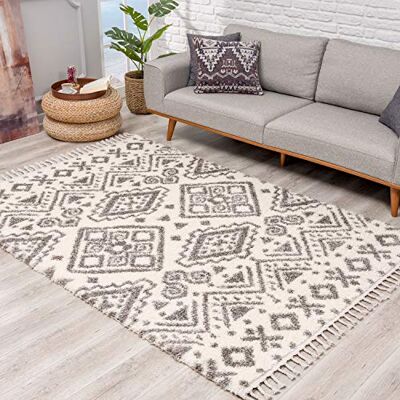 carpet city Teppich Hochflor Wohnzimmer Ethno Geo Design 80x300 cm Creme Grau Teppich-Läufer mit Fransen carpet city Teppich Hochflor Wohnzimmer Ethno Geo Design 80x300 cm Creme Grau Teppich-Läufer mit Fransen