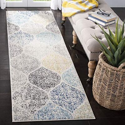 Safavieh Zeitgenössische Teppich für Wohnzimmer, Esszimmer, Schlafzimmer Madison Collection, Kurzer Flor, Elfenbein und Blau, 69 X 244 cm Safavieh Zeitgenössische Teppich für Wohnzimmer, Esszimmer, Schlafzimmer Madison Collection, Kurzer Flor, Elfenbein und Blau, 69 X 244 cm