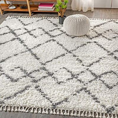 JONATHAN Y MCR102B-8 Mercer Shag Plüsch Quaste Marokkanischer Tribal Spalier Geometrischer Teppich Bohemian Zeitgenössisch, pflegeleicht, Schlafzimmer, Küche, Wohnzimmer, 240 cm x 300 cm, Creme/Grau JONATHAN Y MCR102B-8 Mercer Shag Plüsch Quaste Marokkanischer Tribal Spalier Geometrischer Teppich Bohemian Zeitgenössisch, pflegeleicht, Schlafzimmer, Küche, Wohnzimmer, 240 cm x 300 cm, Creme/Grau