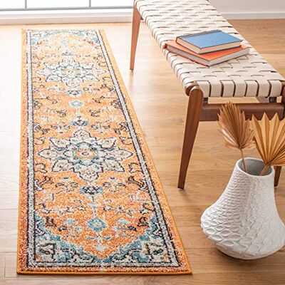 Safavieh Boho Teppich für Wohnzimmer, Esszimmer, Schlafzimmer Madison Collection, Kurzer Flor, Orange und Blaugrün, 76 X 183 cm Safavieh Boho Teppich für Wohnzimmer, Esszimmer, Schlafzimmer Madison Collection, Kurzer Flor, Orange und Blaugrün, 76 X 183 cm