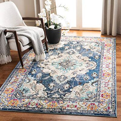 Safavieh Boho Teppich für Wohnzimmer, Esszimmer, Schlafzimmer Monaco Collection, Kurzer Flor, Marineblau und Hellblau, 155 X 231 cm Safavieh Boho Teppich für Wohnzimmer, Esszimmer, Schlafzimmer Monaco Collection, Kurzer Flor, Marineblau und Hellblau, 155 X 231 cm