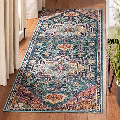 Safavieh Boho Teppich für Wohnzimmer, Esszimmer, Schlafzimmer Crystal Collection, Kurzer Flor, Blaugrün und Rose, 66 X 213 cm Safavieh Boho Teppich für Wohnzimmer, Esszimmer, Schlafzimmer Crystal Collection, Kurzer Flor, Blaugrün und Rose, 66 X 213 cm
