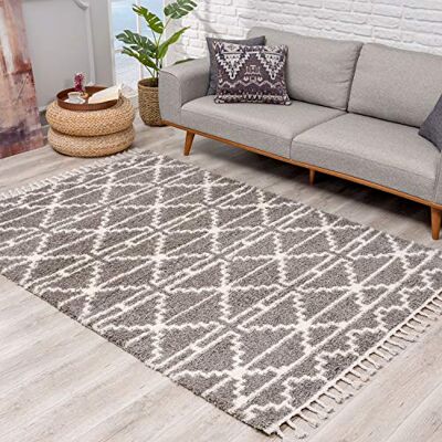 carpet city Teppich Hochflor Wohnzimmer Ethno Skandi Stil 80x300 cm Grau Creme Teppich-Läufer mit Fransen carpet city Teppich Hochflor Wohnzimmer Ethno Skandi Stil 80x300 cm Grau Creme Teppich-Läufer mit Fransen