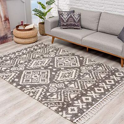 carpet city Teppich Hochflor Wohnzimmer Ethno Geo Design 80x400 cm Grau Creme Teppich-Läufer mit Fransen carpet city Teppich Hochflor Wohnzimmer Ethno Geo Design 80x400 cm Grau Creme Teppich-Läufer mit Fransen