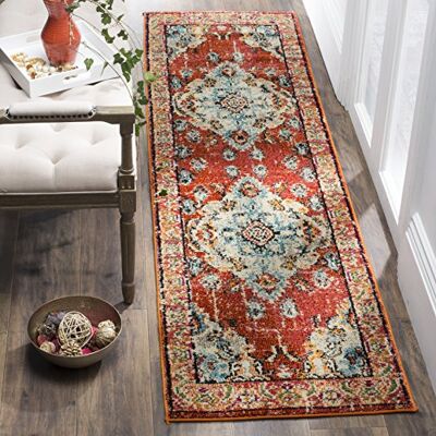 Safavieh Boho Teppich für Wohnzimmer, Esszimmer, Schlafzimmer Monaco Collection, Kurzer Flor, Orange und Hellblau, 66 X 305 cm Safavieh Boho Teppich für Wohnzimmer, Esszimmer, Schlafzimmer Monaco Collection, Kurzer Flor, Orange und Hellblau, 66 X 305 cm