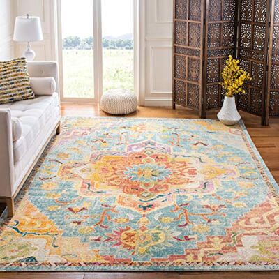 Safavieh Boho Teppich für Wohnzimmer, Esszimmer, Schlafzimmer Crystal Collection, Kurzer Flor, Blau und Orange, 213 X 213 cm Safavieh Boho Teppich für Wohnzimmer, Esszimmer, Schlafzimmer Crystal Collection, Kurzer Flor, Blau und Orange, 213 X 213 cm
