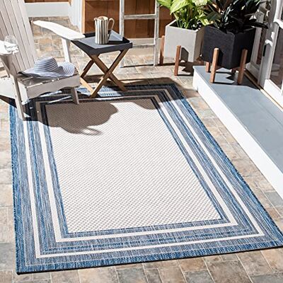 Safavieh Zeitgenössische Teppich für Wohnzimmer, Esszimmer, Schlafzimmer Courtyard Collection, Kurzer Flor, Elfenbein und Marineblau, 79 X 152 cm Safavieh Zeitgenössische Teppich für Wohnzimmer, Esszimmer, Schlafzimmer Courtyard Collection, Kurzer Flor, Elfenbein und Marineblau, 79 X 152 cm