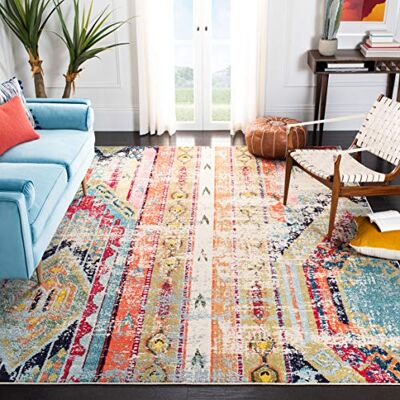 Safavieh Boho Teppich für Wohnzimmer, Esszimmer, Schlafzimmer Madison Collection, Kurzer Flor, Blau und Orange, 152 X 152 cm Safavieh Boho Teppich für Wohnzimmer, Esszimmer, Schlafzimmer Madison Collection, Kurzer Flor, Blau und Orange, 152 X 152 cm