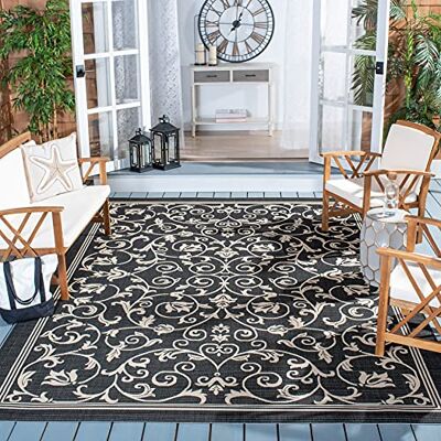 Safavieh Zeitgenössische Teppich für Wohnzimmer, Esszimmer, Schlafzimmer Courtyard Collection, Kurzer Flor, Schwarz und Sand, 201 x 201 cm Safavieh Zeitgenössische Teppich für Wohnzimmer, Esszimmer, Schlafzimmer Courtyard Collection, Kurzer Flor, Schwarz und Sand, 201 x 201 cm