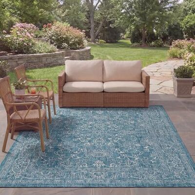 Safavieh Geometrisch Teppich für Drinnen & Draussen Courtyard Collection, Kurzer Flor, Grau und Marineblau, 244 X 305 cm Safavieh Geometrisch Teppich für Drinnen & Draussen Courtyard Collection, Kurzer Flor, Grau und Marineblau, 244 X 305 cm