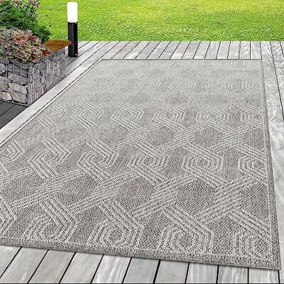 SIMPEX In- & Outdoor Teppich Läufer 80x150 cm, Wetterfest & Robust, Modernes Geometrisch-Design in Grau & Creme, Rechteckig für Terrasse, Balkon, Küche, Bad & Wohnzimmer SIMPEX In- & Outdoor Teppich Läufer 80x150 cm, Wetterfest & Robust, Modernes Geometrisch-Design in Grau & Creme, Rechteckig für Terrasse, Balkon, Küche, Bad & Wohnzimmer