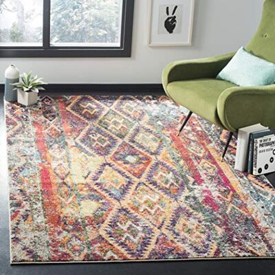 Safavieh Boho Teppich für Wohnzimmer, Esszimmer, Schlafzimmer Monaco Collection, Kurzer Flor, Lila und Orange, 155 X 231 cm Safavieh Boho Teppich für Wohnzimmer, Esszimmer, Schlafzimmer Monaco Collection, Kurzer Flor, Lila und Orange, 155 X 231 cm