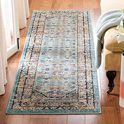 Safavieh Boho Teppich für Wohnzimmer, Esszimmer, Schlafzimmer Monaco Collection, Kurzer Flor, Blau und Hellgrau, 80 x 180 cm Safavieh Boho Teppich für Wohnzimmer, Esszimmer, Schlafzimmer Monaco Collection, Kurzer Flor, Blau und Hellgrau, 80 x 180 cm