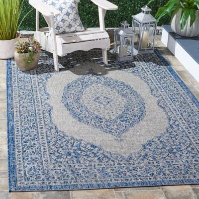 Safavieh Zeitgenössische Teppich für Wohnzimmer, Esszimmer, Schlafzimmer Courtyard Collection, Kurzer Flor, Hellgrau und Blau, 201 X 290 cm Safavieh Zeitgenössische Teppich für Wohnzimmer, Esszimmer, Schlafzimmer Courtyard Collection, Kurzer Flor, Hellgrau und Blau, 201 X 290 cm