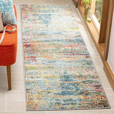 Safavieh Boho Teppich für Wohnzimmer, Esszimmer, Schlafzimmer Monaco Collection, Kurzer Flor, Blaugrün und Orange, 80 x 180 cm Safavieh Boho Teppich für Wohnzimmer, Esszimmer, Schlafzimmer Monaco Collection, Kurzer Flor, Blaugrün und Orange, 80 x 180 cm