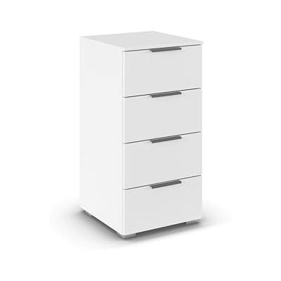 Rauch Möbel Alabama, Kommode für Schlafzimmer, Kinderzimmer, Garderobe, Flur, mit 4 Schubladen, Soft-Close-Funktion, Farbe Weiß, Griff Grau metallic, Schwarz, Maße 40x81x42cm Rauch Möbel Alabama, Kommode für Schlafzimmer, Kinderzimmer, Garderobe, Flur, mit 4 Schubladen, Soft-Close-Funktion, Farbe Weiß, Griff Grau metallic, Schwarz, Maße 40x81x42cm