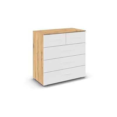 Rauch Möbel Aditio, Kommode für Schlafzimmer, Wohnzimmer, Kinderzimmer, Flur, 5 Schubladen, Soft-Close-Funktion, Sideboard im zeitlosen Stil, Farbe Weiß/Eiche Artisan, Holz, Breite 80 cm Rauch Möbel Aditio, Kommode für Schlafzimmer, Wohnzimmer, Kinderzimmer, Flur, 5 Schubladen, Soft-Close-Funktion, Sideboard im zeitlosen Stil, Farbe Weiß/Eiche Artisan, Holz, Breite 80 cm