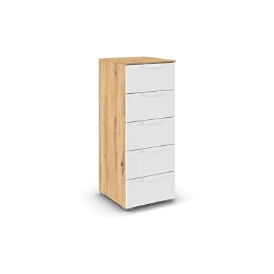 Rauch Möbel Aditio, Kommode für Schlafzimmer, Wohnzimmer, Kinderzimmer, Flur, 5 Schubladen, Soft-Close-Funktion, Highboard im modernen Look, Farbe Weiß/Eiche Artisan, Holz, Breite 40 cm Rauch Möbel Aditio, Kommode für Schlafzimmer, Wohnzimmer, Kinderzimmer, Flur, 5 Schubladen, Soft-Close-Funktion, Highboard im modernen Look, Farbe Weiß/Eiche Artisan, Holz, Breite 40 cm