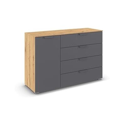 Rauch Möbel Aditio, Kommode für Schlafzimmer, Wohnzimmer, Flur, 1-türig, 4 Schubladen, Soft-Close-Funktion, Sideboard im modernen Look, Farbe Grau metallic, Schwarz/Eiche Artisan, Holz, Breite 120 cm Rauch Möbel Aditio, Kommode für Schlafzimmer, Wohnzimmer, Flur, 1-türig, 4 Schubladen, Soft-Close-Funktion, Sideboard im modernen Look, Farbe Grau metallic, Schwarz/Eiche Artisan, Holz, Breite 120 cm