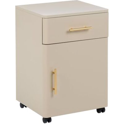 Beliani Nachttisch Rollcontainer Stahl beige mit Tür und Schublade goldene Griffe minimalistisch 65 cm hoch Ombura Beliani Nachttisch Rollcontainer Stahl beige mit Tür und Schublade goldene Griffe minimalistisch 65 cm hoch Ombura