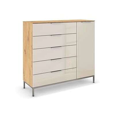 Rauch Möbel Flipp, Nachttisch für Schlafzimmer, Flur, Garderobe, 1-türig, 5 Schubladen, mit Softclose-Funktion, Griffe und Metallkufe Chrom, Farbe Eiche Artisan, Holz/Glas Beige, Breite 120 cm Rauch Möbel Flipp, Nachttisch für Schlafzimmer, Flur, Garderobe, 1-türig, 5 Schubladen, mit Softclose-Funktion, Griffe und Metallkufe Chrom, Farbe Eiche Artisan, Holz/Glas Beige, Breite 120 cm