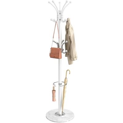 SONGMICS Garderobenständer, Metallgarderobe mit Marmorsockel, 18 Haken, Schirmständer, drehbarer Kopf, 38 x 38 x 178 cm, Mattweiß, für Flur, Eingang, Büro, Kollektion Alan RCR091WC01 SONGMICS Garderobenständer, Metallgarderobe mit Marmorsockel, 18 Haken, Schirmständer, drehbarer Kopf, 38 x 38 x 178 cm, Mattweiß, für Flur, Eingang, Büro, Kollektion Alan RCR091WC01