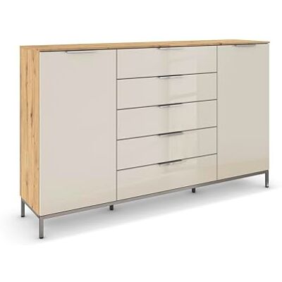 Rauch Möbel Flipp, Nachttisch für Schlafzimmer, Flur, Garderobe, 2-türig, 5 Schubladen, mit Softclose-Funktion, Griffe und Metallkufe Chrom, Farbe Eiche Artisan, Holz/Glas Beige, Breite 180 cm Rauch Möbel Flipp, Nachttisch für Schlafzimmer, Flur, Garderobe, 2-türig, 5 Schubladen, mit Softclose-Funktion, Griffe und Metallkufe Chrom, Farbe Eiche Artisan, Holz/Glas Beige, Breite 180 cm